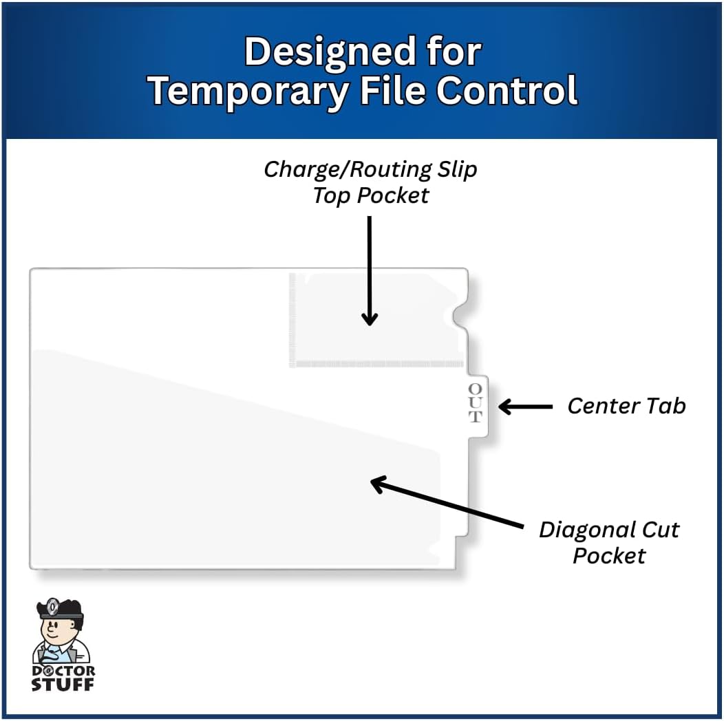 Doctor Stuff - Center Tab Vinyl Outguides, Diagonal Cut Front Pocket, Top Charge Out Slip Pocket, Plastic File Folder, Letter Size 9" x 13-1/4", White, 25/Box