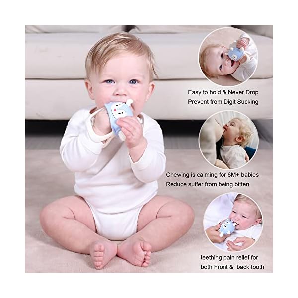 Smily Mia Never Drop Reindeer Silicone Baby Chewing Toy for 3M+ Infants, Easy to Hold Teething Miteen with Soft Textures for Sensory Exploration and Teething Pain Relief-Light Blue – Bild 4