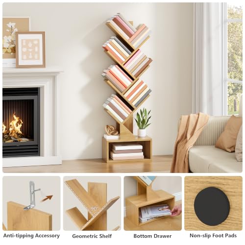 Hoctieon 6 Tier Tree Bookshelf, Tall Bookcase with Storage, Freestanding Book Shelf, Display Floor Standing Book Shelf, Book Organizer Shelves for Home Office, Bedroom,Living Room, Yellow - Image 5