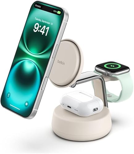 Belkin UltraCharge Pro 3 en 1 Chargeur Induction Qi2 25W, Station de Charge pour iPhone 17, iPhone Air, Apple Watch, AirPods, Pixelsnap, Compatible avec MagSafe avec Ventilateur, Chargeur 45W - Beige - 4