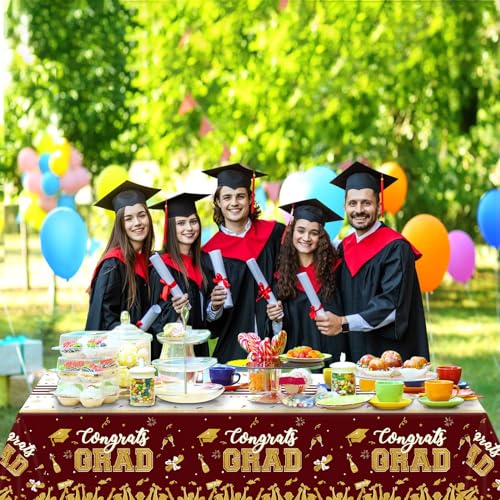 Image of chiazllta Set of 3 Graduation Tablecloths Class of 2026 Congrats Grad Maroon Graduation Party Tablecover Decorations Party Supplies Large Size Plastic 54 inchx108 inch(Maroon & Gold)