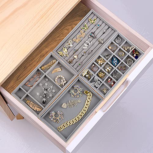 Image of Tasybox Velvet Jewelry Trays Organizer for Drawers, Small Stackable Jewelry Display Tray for Ring Earring Bangle Bracelet Necklace, Set of 4, Gray
