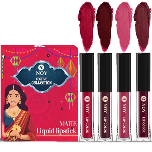 Image of Noy Liquid Matte Lipstick Festival Pack 4 Elegant Colors Cherry Pink, Red, Maroon, Magenta Shades