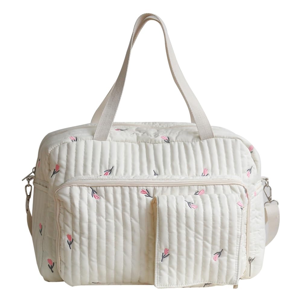 Floral Quilted Mom Bag Duffle Bag, Cotton Quilted Multi-Functional Large Capacity Overnight Luggage, Portable Shoulder Baby Diaper Bags for Women Maternity Bags