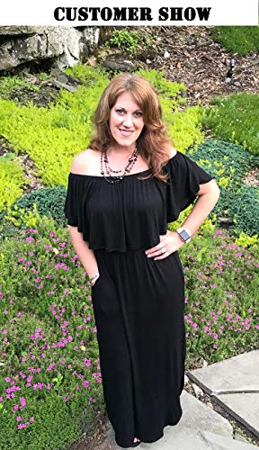 VERABENDI Women's Off Shoulder Summer Casual Long Ruffle Beach Maxi Dress with Pockets Black M - Image 5