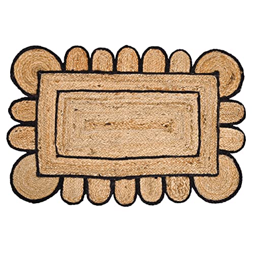 KLAVATE Alfombra festoneada trenzada de yute bohemio de calidad clásica hecha a mano natural (negro, 2 x 3 pies)