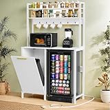 YITAHOME Mini Fridge Cabinet Stand with Trash Can Storage, 4-Tier Bakers Rack Microwave Oven Stand with Power Outlets, Freestanding Coffee Bar Shelf Station for Kitchen Home Office, White