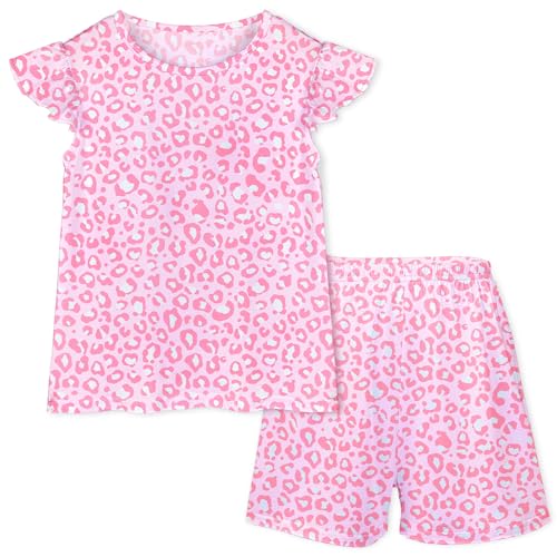 ICOSY Girls Pajamas for Kids Pajamas Toddler Girls 2 PCS Flutter Sleeve Top and Shorts Clothes Size 3-10