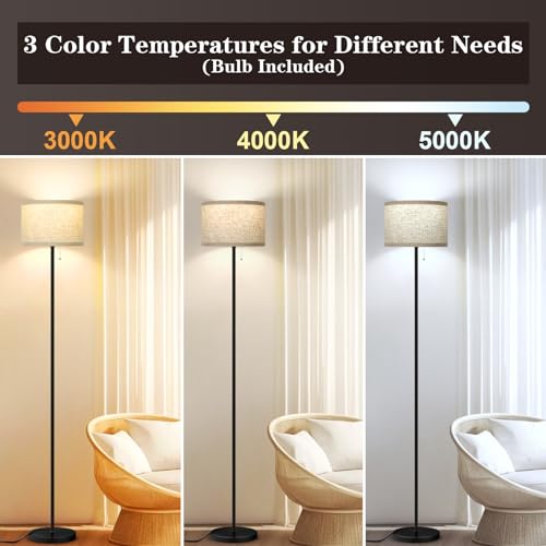 Floor Lamp for Bedroom with LED Bulb, Modern Standing Lamps for Living Room, 3 Color Temperature Simple Design Tall Lamps with Pull Chain Switch, Black Pole Lamp with Drum Lampshade for Office Reading