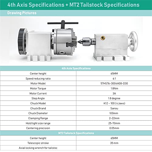 Foto von CNC 57HS76 Schrittmotor (6:1) K12-100mm 4 Backenfutter 100mm 4 Achse A Aixs Drehachse, Tailstock für CNC Router 4 (mit DM542 Antrieb)