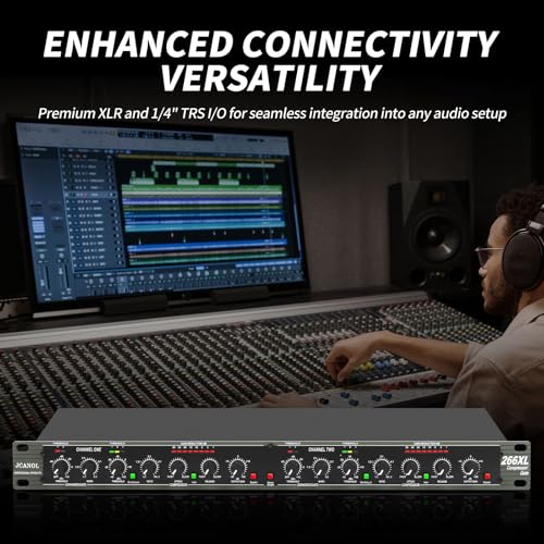 JCANOL 266XL Audio Compressor, Professional Dual-Channel Black Dynamic Processor with Noise Gate & Sidechain Insert for Studio, Live & Streaming – 1U Rackmount, XLR/TRS Inputs - Thumbnail 2