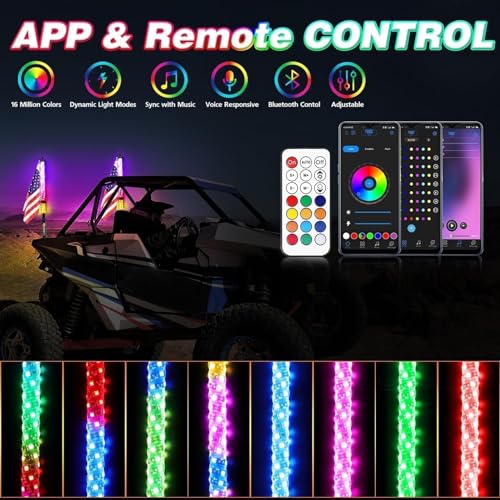 Image of LED Whip Lights, AKD Part 2PCS 2FT UTV ATV Lighted Whips Bluetooth APP /Remote Control RGB LED Whips Antenna Flags for UTV SXS Side by Side Trucks RZR Can-Am Kawasaki Honda Yamaha Accessories