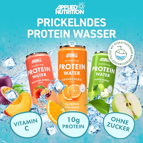 Applied Nutrition Protein Wasser – 10 g Kollagen-Boost Protein Drink – Kalorienarme Flüssigkeitszufuhr mit Vit C & Kokosnusswasser – Erfrischungs- und Vitaldrink (12 Dosen x 330 ml, Orange Burst)