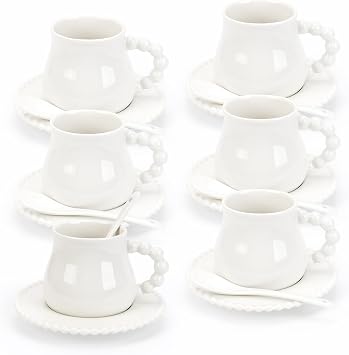 Espresso Cups with Set of 6 Saucers and Spoons, 8 oz Porcelain Coffee Cup Mugs for Latte, Au Lait, Flat White, Mocha, Tea, Elegant Tea Mugs Set, Dishwasher & Microwave Safe