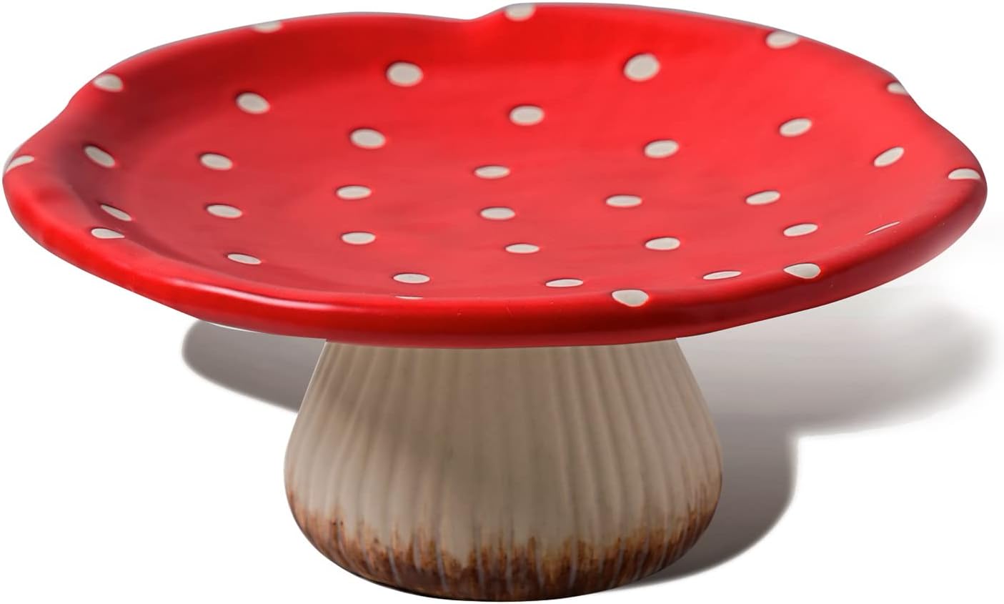 Mushroom Cake Stand, 9 in Polka Dot Safety Ceramic Display Plate Serving Tray, Cute Dinner Plates, Pasta & More.