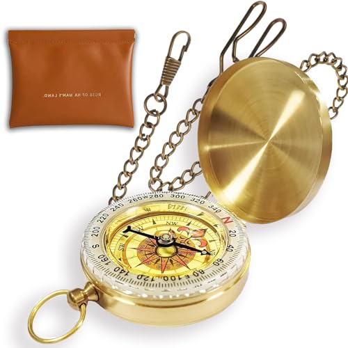 JUXINE Vintage Taschenuhr Messing Kompass,Wasserdicht Kompass,Portable Wasserdicht Taschenkompass für Wandern, Taschenkompass für Kinder,Backpacking,Outdoor-Aktivitäten mit Ledertasche & Kette