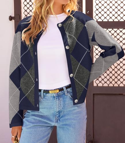 MEROKEETY Women's Long Sleeve Cardigan Sweaters 2024 Trendy Open Front Checkered Knit Button Up Jackets2
