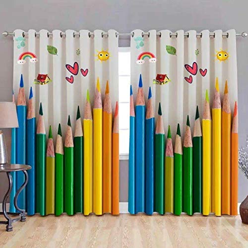 Image of Polyester 3D Frozen Digital Color Pencil Design Printed Solid Beautiful Long Crush Kids Room Cartoon Grommet Door Semi Sheer Curtains (Multicolour, 4X7 Ft) 2 Pieces