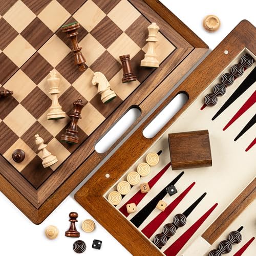 15.5'' Deluxe Solid Wood 3-in-1 Game Set: Portable Chess, Backgam...
