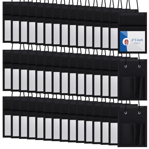 Tenceur 50 Pcs Name Badge Holders with Lanyard 4 x 3 Inch Name Badge Organizer Polyester Lanyard Wallet Neck Case Protector Horizontal with Clear Window Pen Loops Zipper ID Pouch, Black