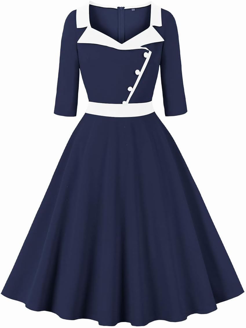 ODIZLI 1950s Dresses for Women Retro Dress 3/4 Sleeve Sweetheart Neckline Swing Midi Dress Cocktail Dress - Image 6