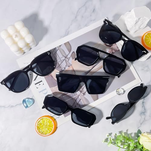 Pibupibu 12 Pack Trendy Mixed Style Black Sunglasses Bulk Unisex，Retro Cool Oval Square Cateye Aviator Glasses for Women Men Party Favors4