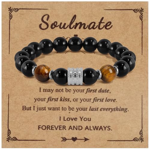 Hamoery Bracelets for Men Natural Tiger Eye Stone Beads Braided Rope Bracelet Gift for Dad Husband Brother(Soulmate)