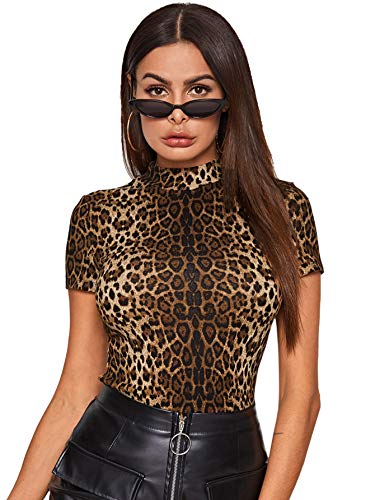 SheIn Women's Mock Neck Leopard Tee Shirt Short Sleeve Slim Fit T-Shirt Top Leopard Print Medium