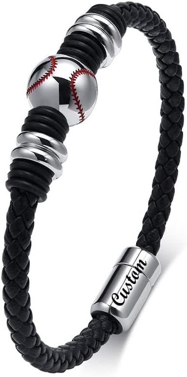 MEALGUET Personalized Baseball Bracelet for Men : Men's Genuine Braided Leather Wristband Solid Baseball Charm Bangle Bracelets with Stainless Steel Clasp,Gift for Team, Birthday Gift Jewelry