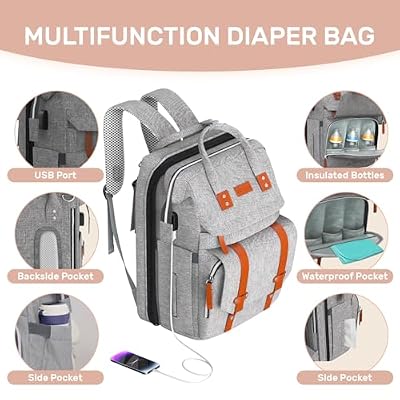 Diaper Bag Backpack with Changing Station, Large Diaper Bag, Multifunctional Diaper Bag, Baby Bag, Gray