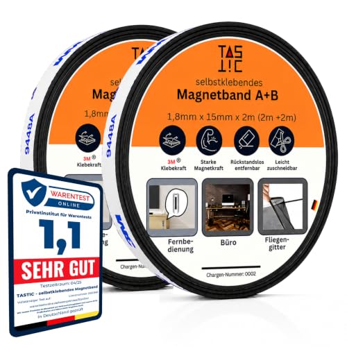 TASTIC Magnetband selbstklebend A+B für Fliegengitternetze extra stark (2+2 m) selbstklebendes Magnetklebeband mit Gegenstück A und B für Moskitonetze, Magnetklebebänder mit 3M Kleber Fliegennetze