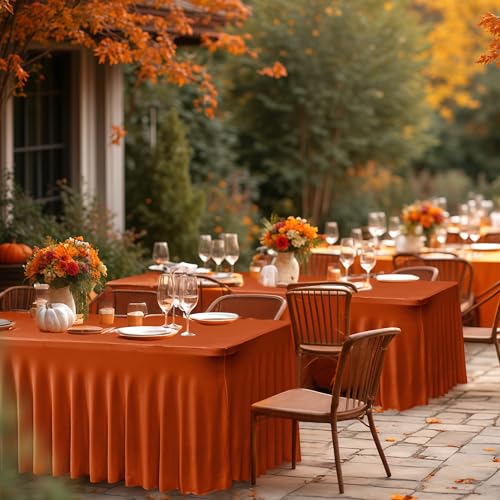 Image of HolidayIdeas 4 Pack Spandex Table Skirts for 6 Foot Rectangle Table, Bulk Fitted 30x72 Inch Stretch Covers for Banquets, Craft Fairs, Rust