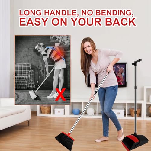 Image of Broom and Dustpan Set for Household, Red Broom with Dustpan Combo Set, 51 inch Long Handle Dust pan Set for Dog Cat and Hair Clean
