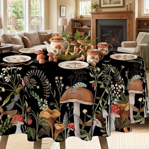 JNDJE Mushroom Tablecloth 70 Inch Round, Mushroom Forest Farmhouse Decorations for Home Table Cloth, Black Seasonal Vintage Decor Tablecloths Polyester for Picnic Party Dinner