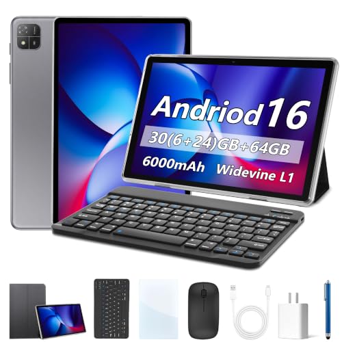 Image of 10.1 inch Android 16 Tablet with Keyboard, 30GB +64GB, 2-in-1 Tablet | Octa-Core, 1280x800 IPS HD Touchscreen, 6000mAh, 1TB Expand, Dual Camera, Widevine L1, 5G WiFi, BT5.0, GPS, Eye Care, Black