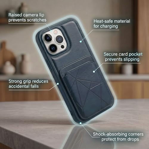 Image of amazon basics Premium Vegan Leather Back Cover with Card Holder and Integrated Mobile Stand for iPhone 16 Pro Max - Slim Shockproof Wallet Case with Geometric Stitching [Blue]