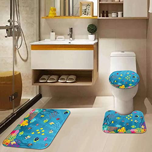 Tayney Tropical Fish Shower Curtain Set With Toilet Lid Cover And Non-Slip Rugs, Cartoon Underwater World 4 Pcs Shower Curtain Set With 12 Hooks, Funny Kids Bathroom Set With Rugs And Accessories #TOP2
