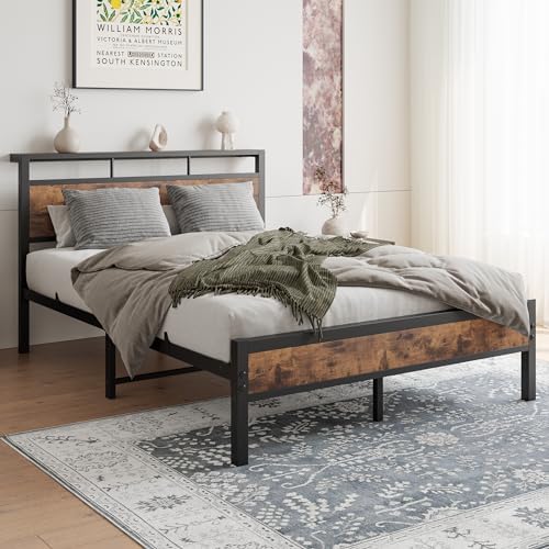 Bealife Gestoffeerd bed, houten bed met metalen bedframe, gestoffeerd platform, tweepersoonsbed met houten lattenbodem, steunhoofdeinde, bedframe (grijs, 140 x 200 cm