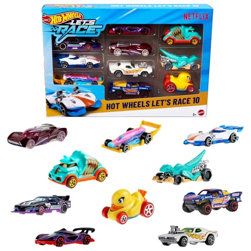 Hot Wheels ¡A correr! Pack de 10 coches y camiones (Modelos surtidos, selección aleatoria), a escala 1:64 inspirados en la serie de Netflix para jugar o exhibir, JGN40