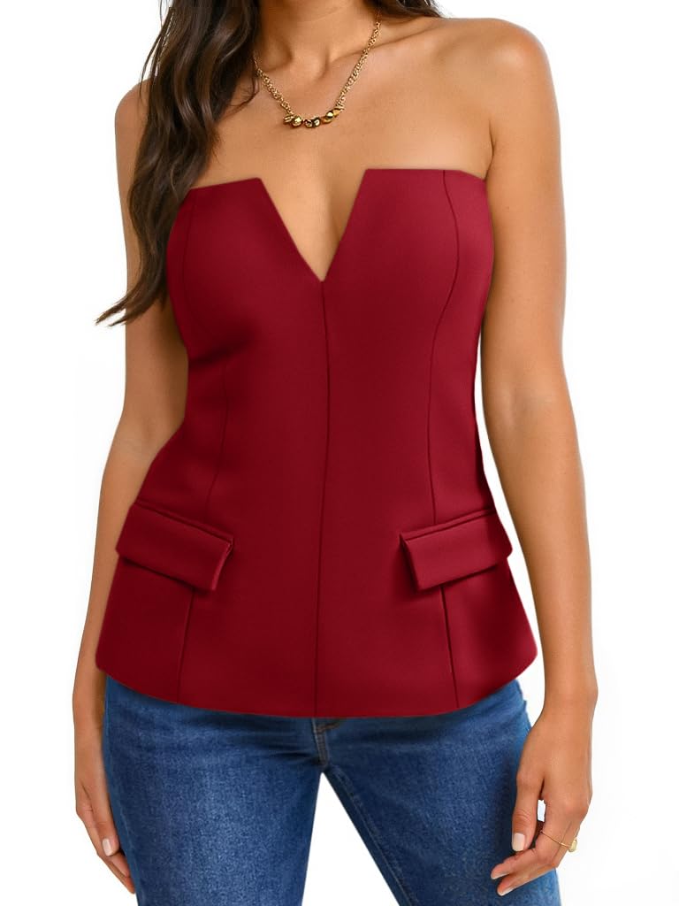 Cicy Bell Womens Strapless Tube Tops Summer Fitted Notched Neck Blazer Vest Business Dressy Casual Suit Vest Tops