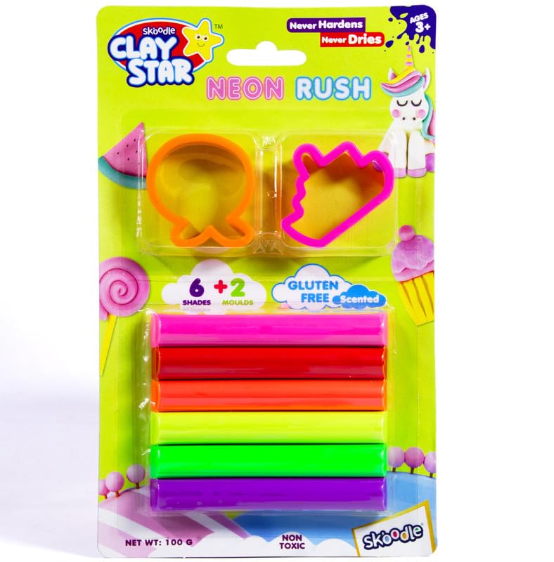 Skoodle Clay Star Neon Rush, 6 Multicolor neon Clay Sticks + 2 Moulds (100gm), for 3+ Years, Non-Toxic, Gift for Kids (B09WVCLT19) Amazon Price History, Amazon Price Tracker
