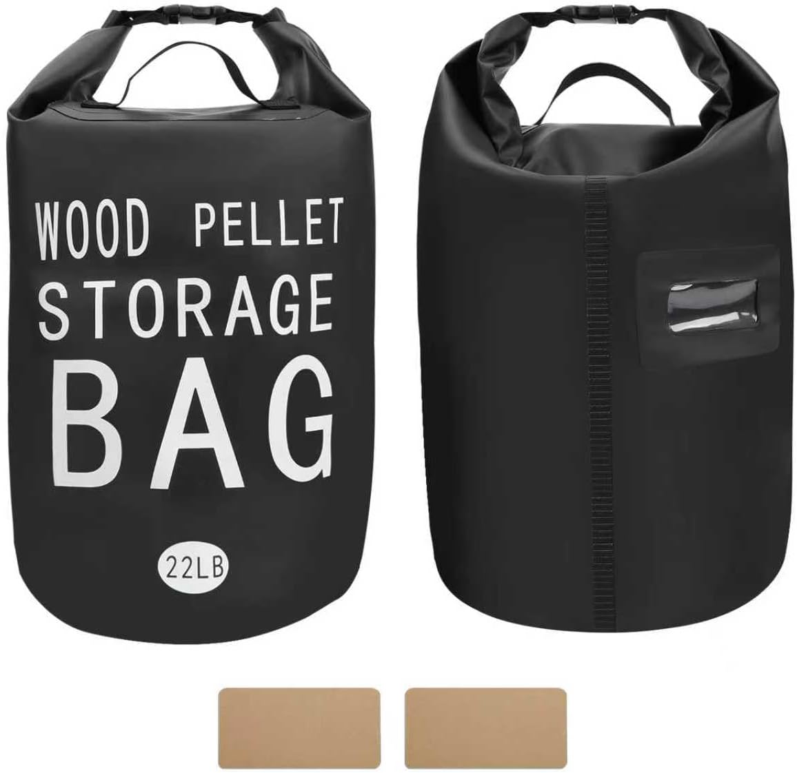 22LB Waterproof Wood Pellet Storage Bag - 500D PVC Charcoal Storage Container with Dual Handles, Label Pocket & Buckle Seal for Grill Smoker BBQ Outdoor Use (2, 22LB-Black)