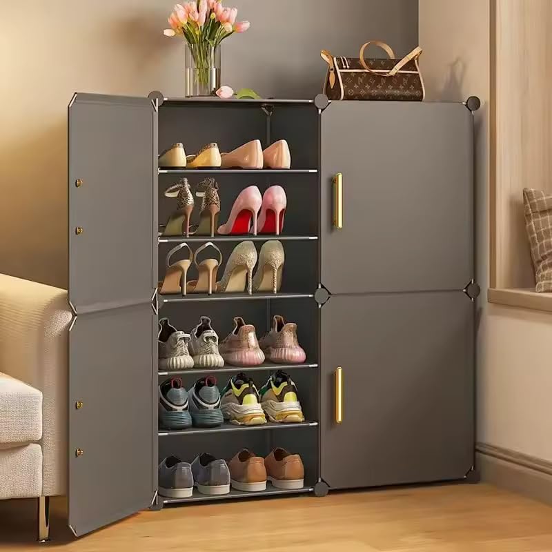 Image of EXVITO 4 Door Shoe Rack with Shelf, Folding Shoe Rack for Bedroom, Living Room,Entryway, Footwear Stand for Home, Organizer, ShoeRack Plastic | Plastic Shoes Rack for Home - Grey