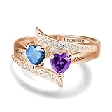DOLPHERS Personalized Birthstone Ring Lab Grown Diamond Engagement Ring 2/3/4 Heart Gemstone Birthstones Silver or 10K 14K 18K Solid Gold Customized and Personalized Promise Wedding Ring for Women (Rose-2 Stone-A04)