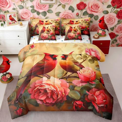 Erosebridal Cardinal Bed in a Bag Queen Comforter Set 7 Piece,Red Rose Bedding Sets Romantic Flowers Fitted Sheet,Wild Animal Bird Sheet Set with Comforter