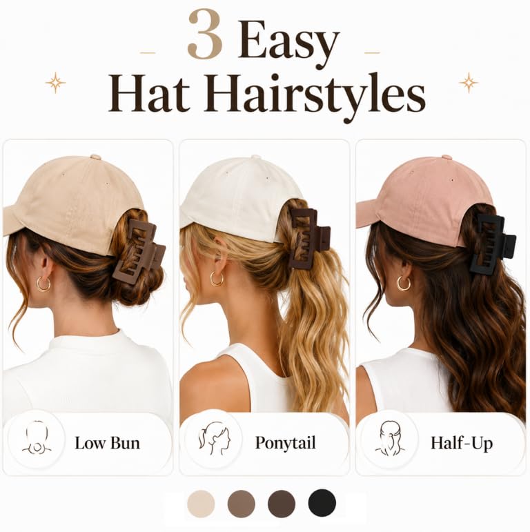 4 pcs Hat-Friendly Claw Clips for Baseball Cap & Trucker Hat,4.1 inch Large Strong Trucker Hat Claw Clips,Hair Accessories Gift for Thick Hair