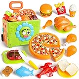 45PCS 3 in 1 Toddler Shopping Cart Trolley Play Set,Kids Grocery Cart-Pretend Play Food Set for Kids Kitchen,Cutting Food ,Preschool Learning Toys, Boys & Girls Birthday Gift for Ages 3+
