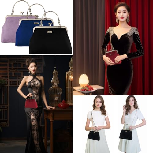 Abuyall Evening Bag Vintage Purse Kiss Lock Purses and Handbags for Women Velvet Canvas Handbag Grey-gunblack-velvet — view 6