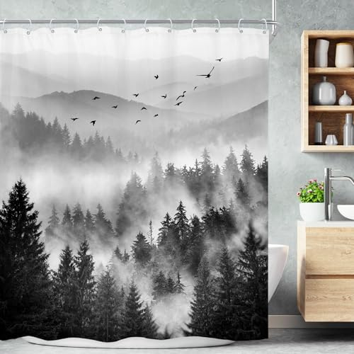 Black White Mountain Scenery Nature Pine Bathroom Shower Curtain Set