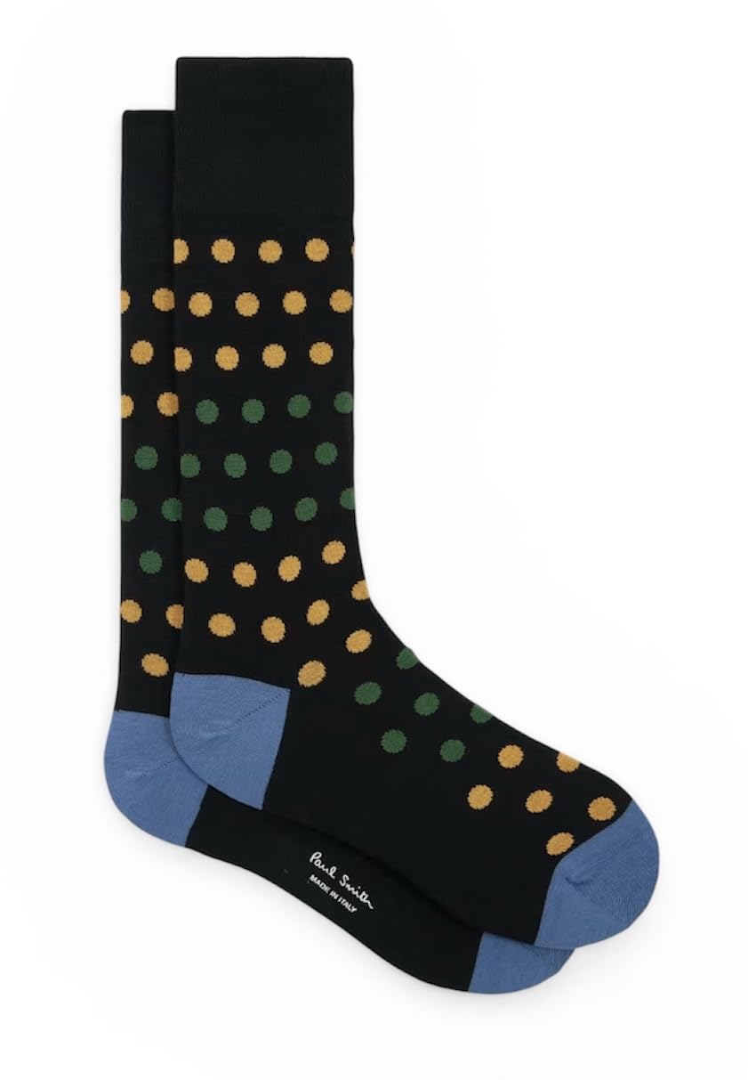 Paul Smith Kingston Yellow Green Polka Dot Black Socks. Blue Toe Heel. One Size